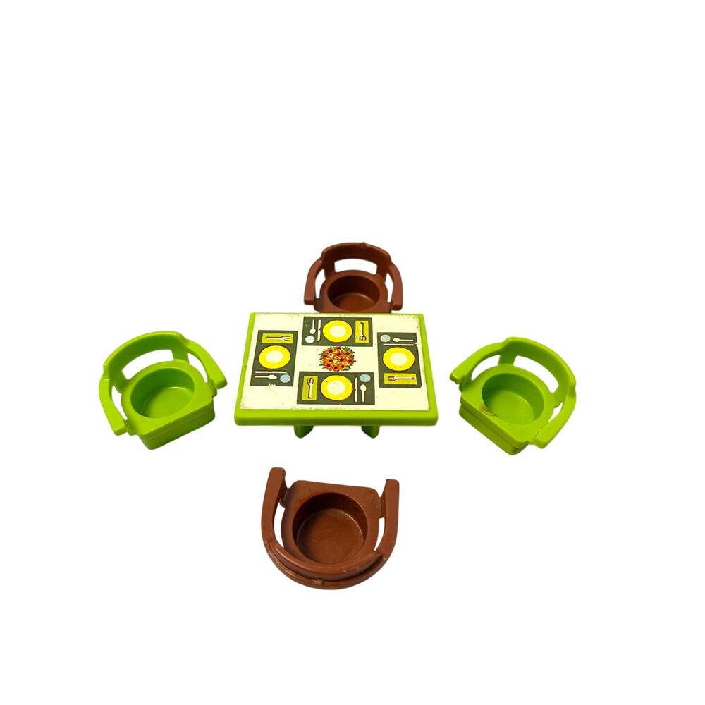 VTG Fisher Price Little People green dining table, 2 brown 2 green chairs 1960s